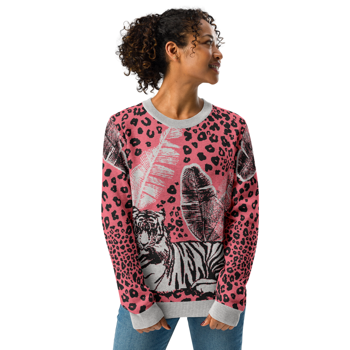 Tiger - Pink - Knitted Crew Neck Sweater