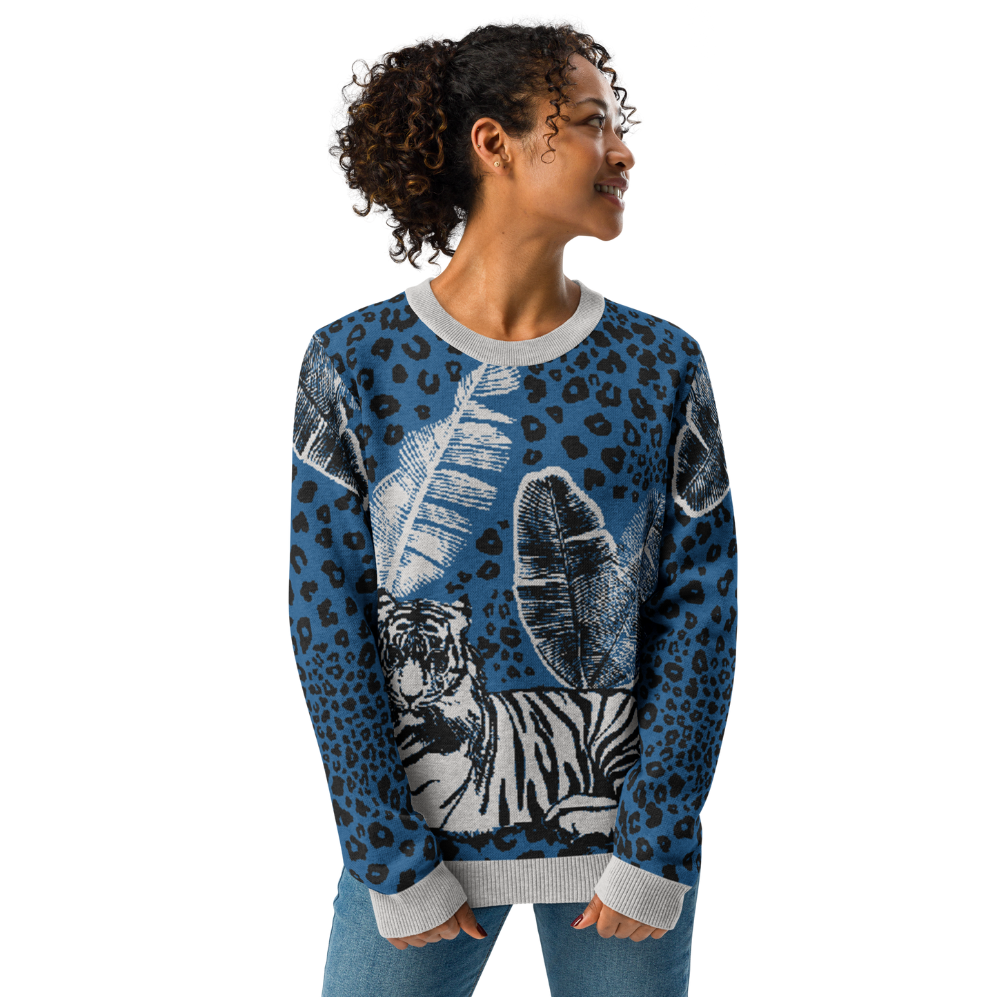 Tiger - Blue - Knitted Crew Neck Sweater